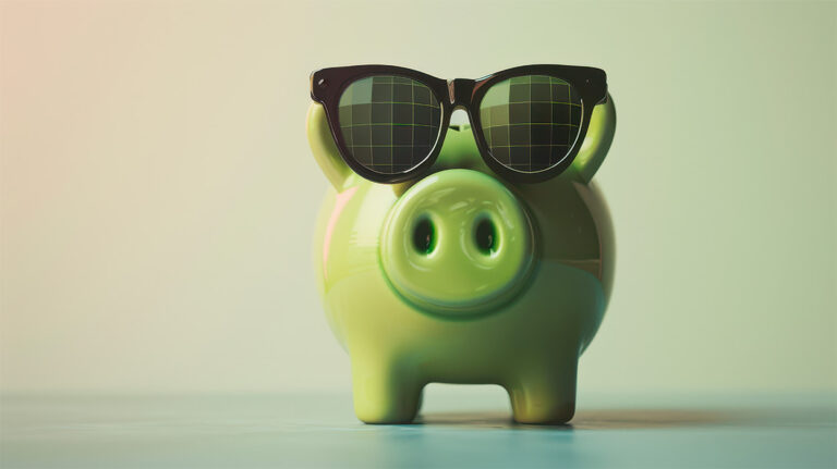 Una hucha verde con gafas de sol negras para ahorrar.