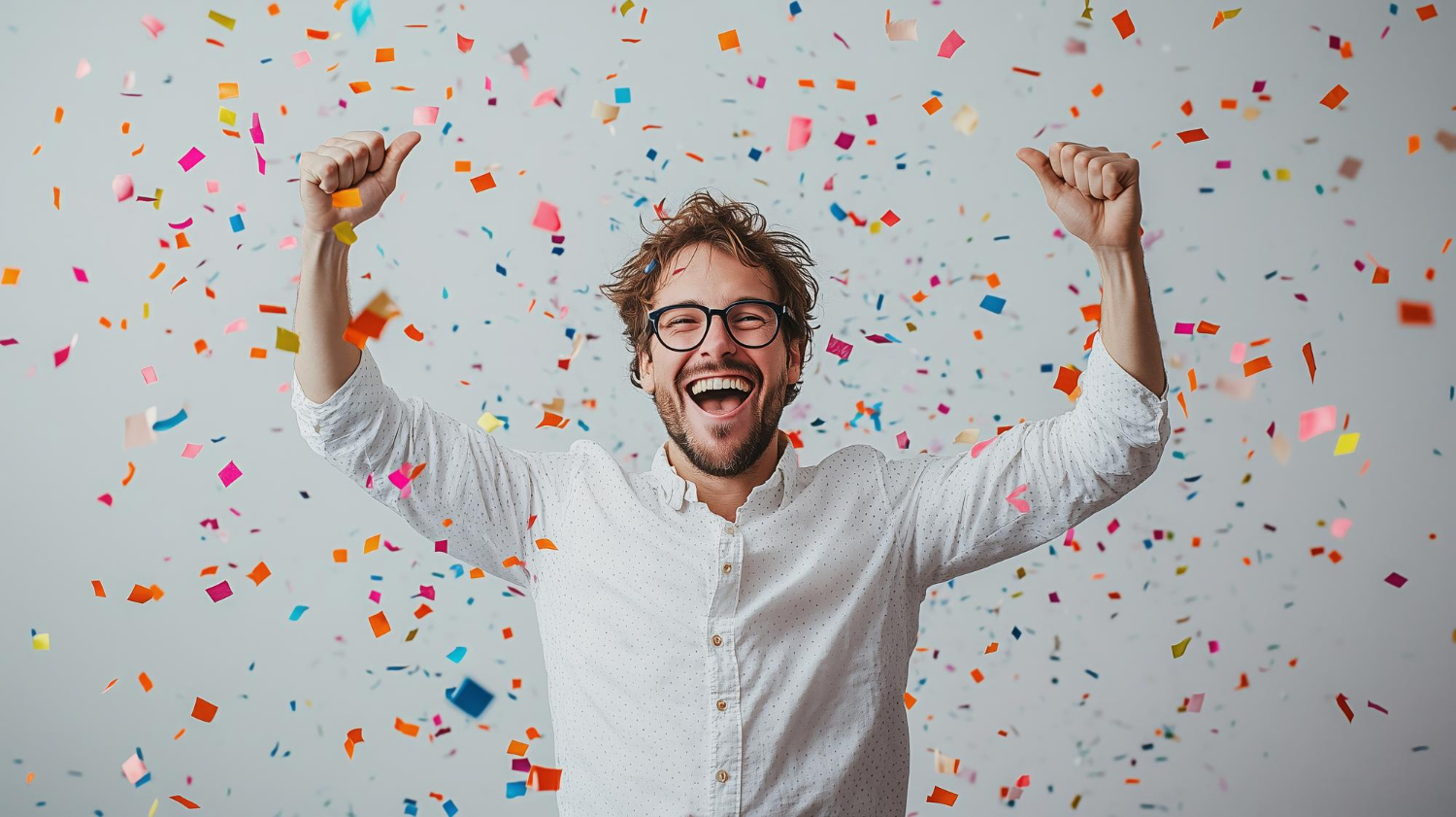 Hombre con gafas celebrando mientras confeti de colores cae a su alrededor, con los brazos en alto y una amplia sonrisa en su rostro, como si acabara de asegurar la casa de sus sueños con una hipoteca estatal de CaixaBank.