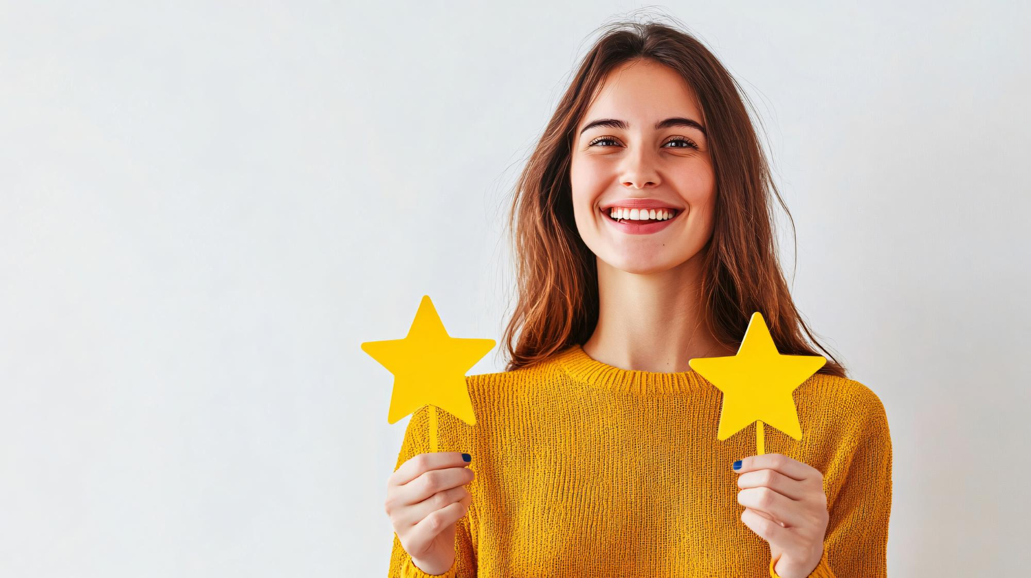Una mujer sonriente con un suéter amarillo sostiene juguetonamente dos recortes de estrellas amarillas contra un fondo claro, irradiando alegría tan brillante como cualquier fondo monetario.