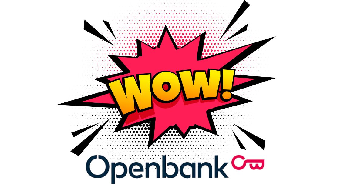 Explosión “¡WOW!” estilo cómic sobre el logotipo de Openbank con acentos rosas y negros, resaltando sus innovadores servicios de nómina.