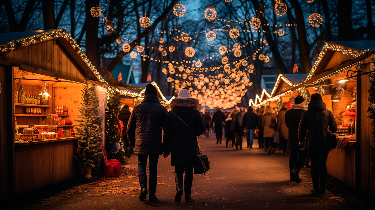 La gente pasea por un mercado festivo de noche, con luces y puestos de madera decorados a lo largo del camino. Los visitantes, incluidos los extranjeros, disfrutan de la atmósfera vibrante mientras beben chocolate caliente y miran artesanías únicas bajo luces centelleantes.