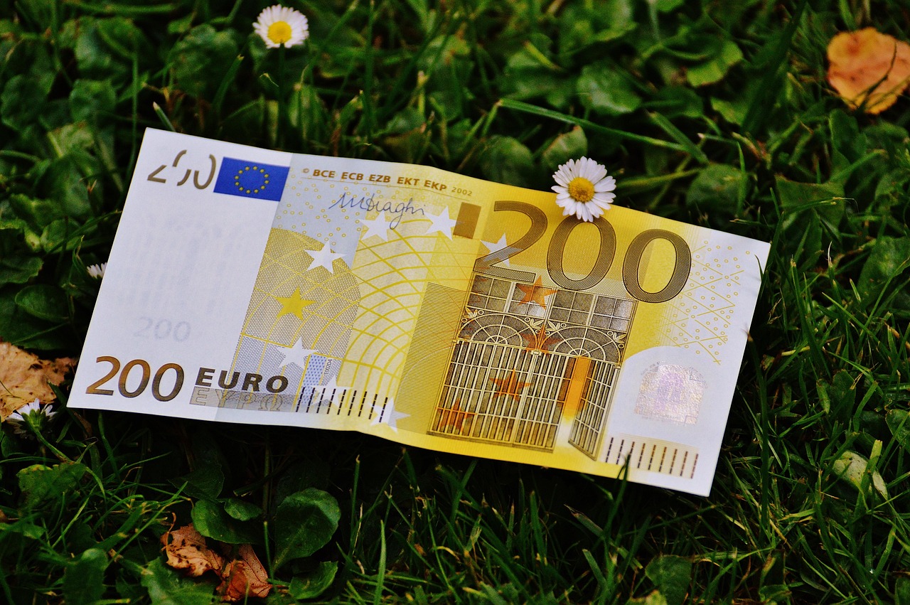 Un billete de 200 euros reposa sobre la hierba, entre flores en el mes de abril