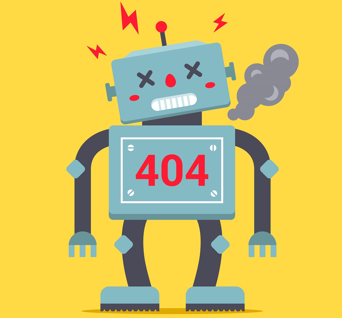 Robot de dibujos animados con un error "404" en el pecho, echando chispas y humeando, con aspecto roto sobre un fondo amarillo, como ChatGPT después de calcular su cuota de hipoteca.