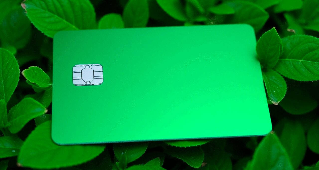 Una tarjeta de crédito verde con chip, parte de los 100 millones de tarjetas en circulación en España, descansa sobre hojas verdes.