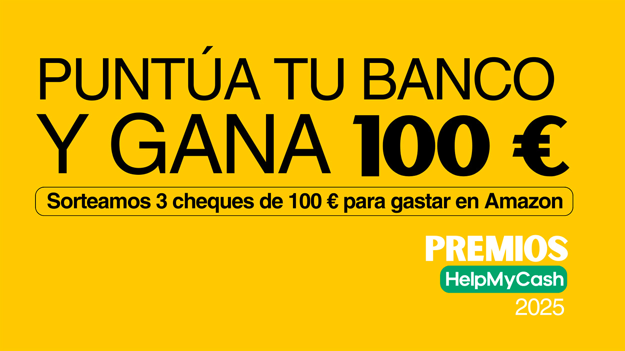 Anuncio amarillo con texto: "Puntúa tu banco y gana 100€; sorteamos 3 cheques de 100€ para gastar en Amazon. Participa fácilmente con el borrador automático.