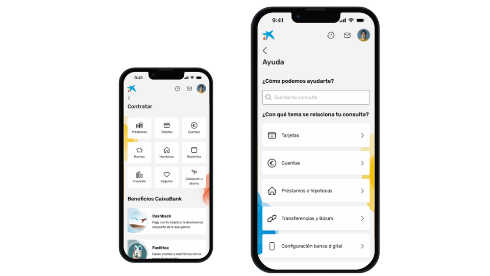Dos smartphones en los que se ve una aplicación bancaria con menús para cuentas, tarjetas, préstamos y ayuda sobre banca digital: todo lo que necesitas para entender tu dinero y gestionar tu banco de forma sencilla.