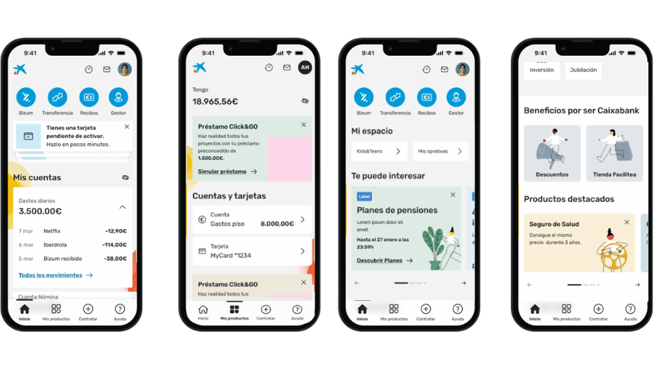 Cuatro pantallas de smartphones muestran una aplicación bancaria de «tu banco», en la que se pueden consultar los datos de la cuenta, las tarjetas, los servicios y los productos destacados, diseñada para ayudarte a ahorrar dinero y a entenderlo de forma sencilla y eficaz.
