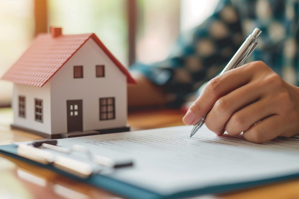 Una persona que firma un documento hipotecario junto a una casa piloto.